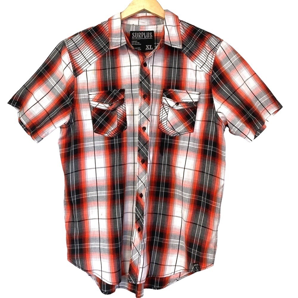 Surplus Mens XL Orange Black Plaid Short Sleeve Western Shirt